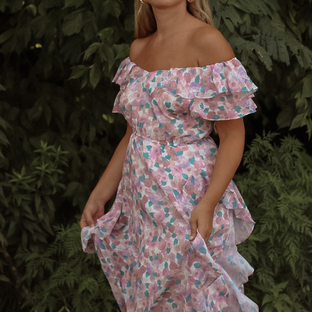 New LILAC FLORAL RUFFLE OFF-SHOULDER MAXI DRESS